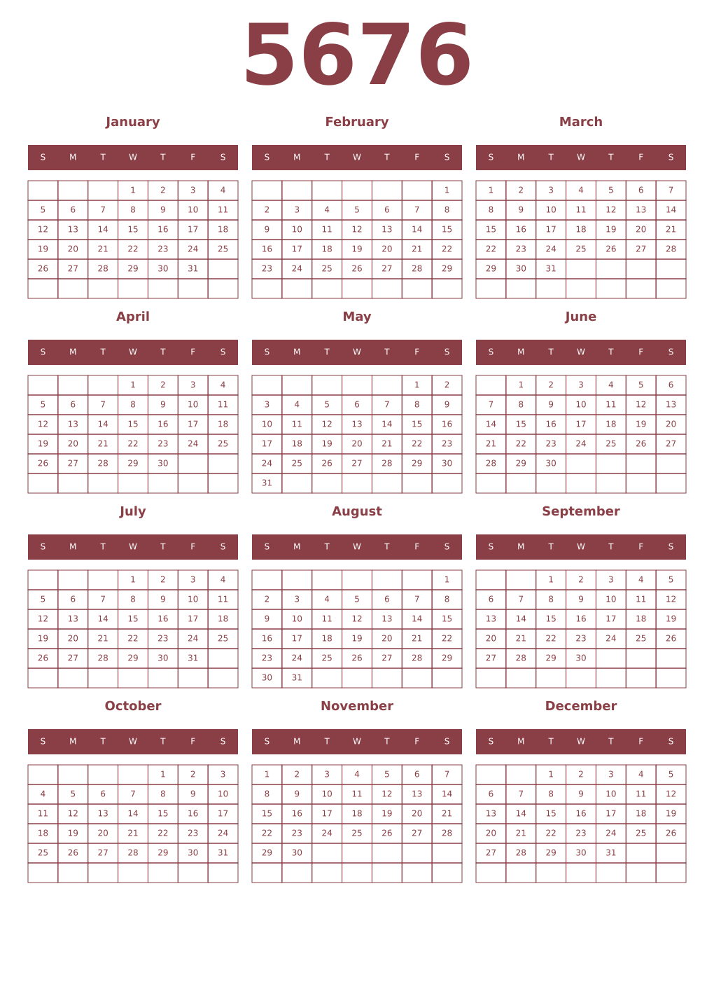Printable 5676 Year Calendars cordovan