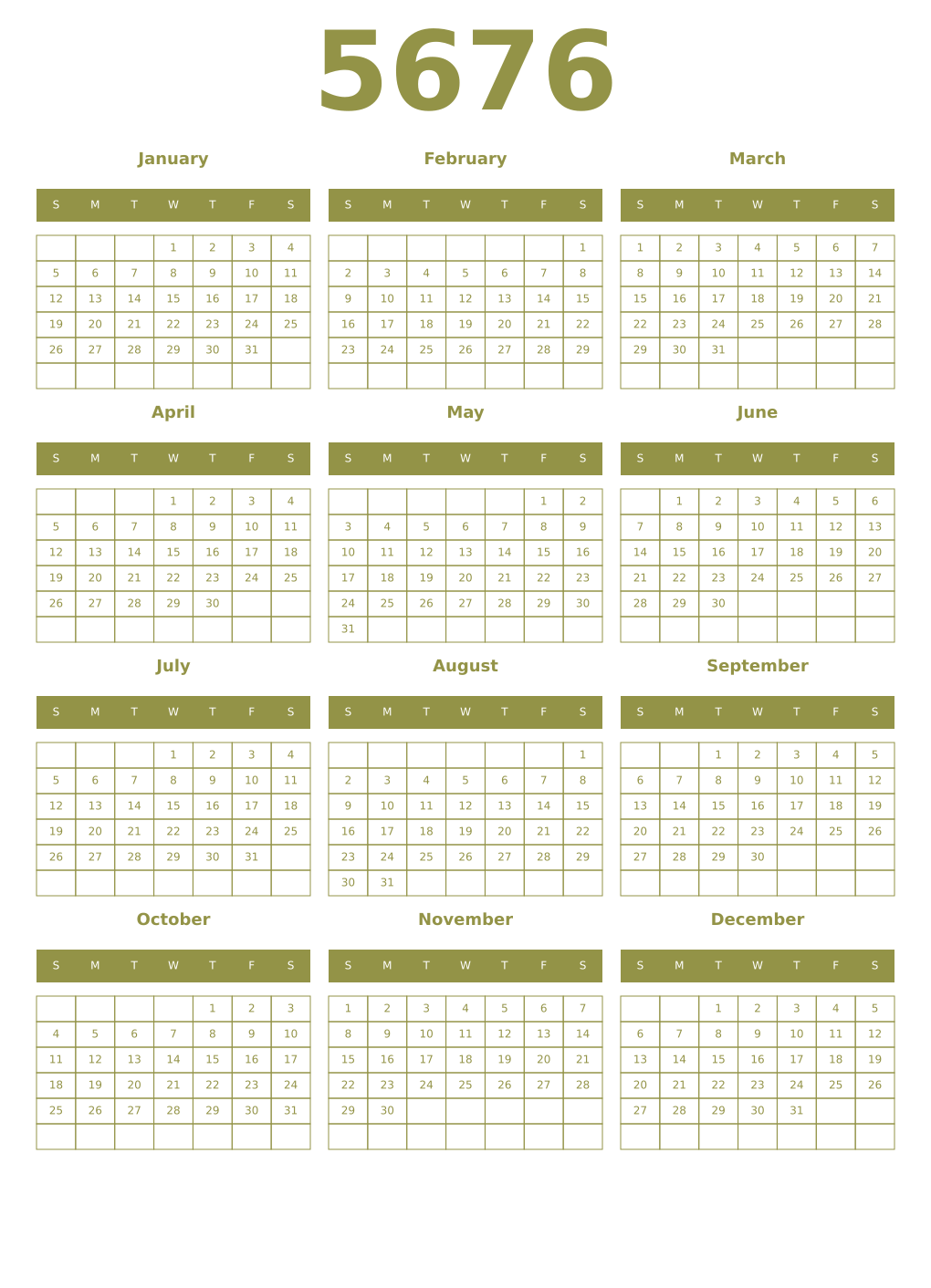 Printable 5676 Year Calendars eburnean