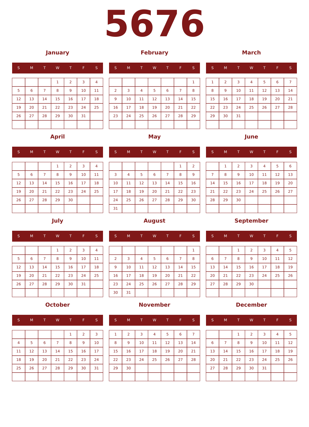Printable 5676 Year Calendars falu