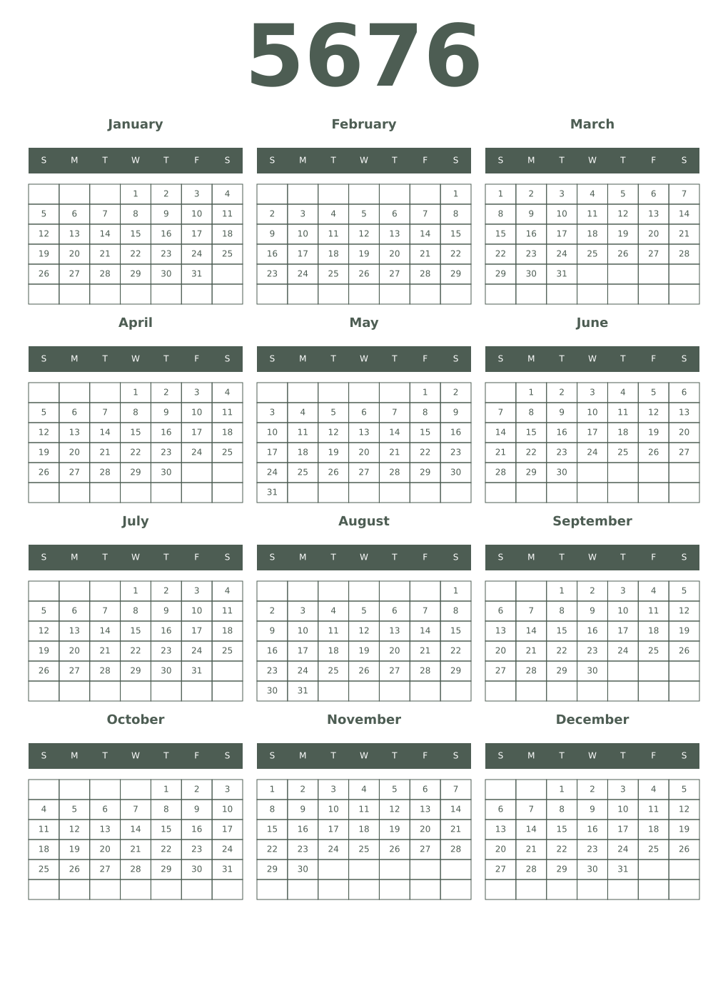 Printable 5676 Year Calendars feldgrau
