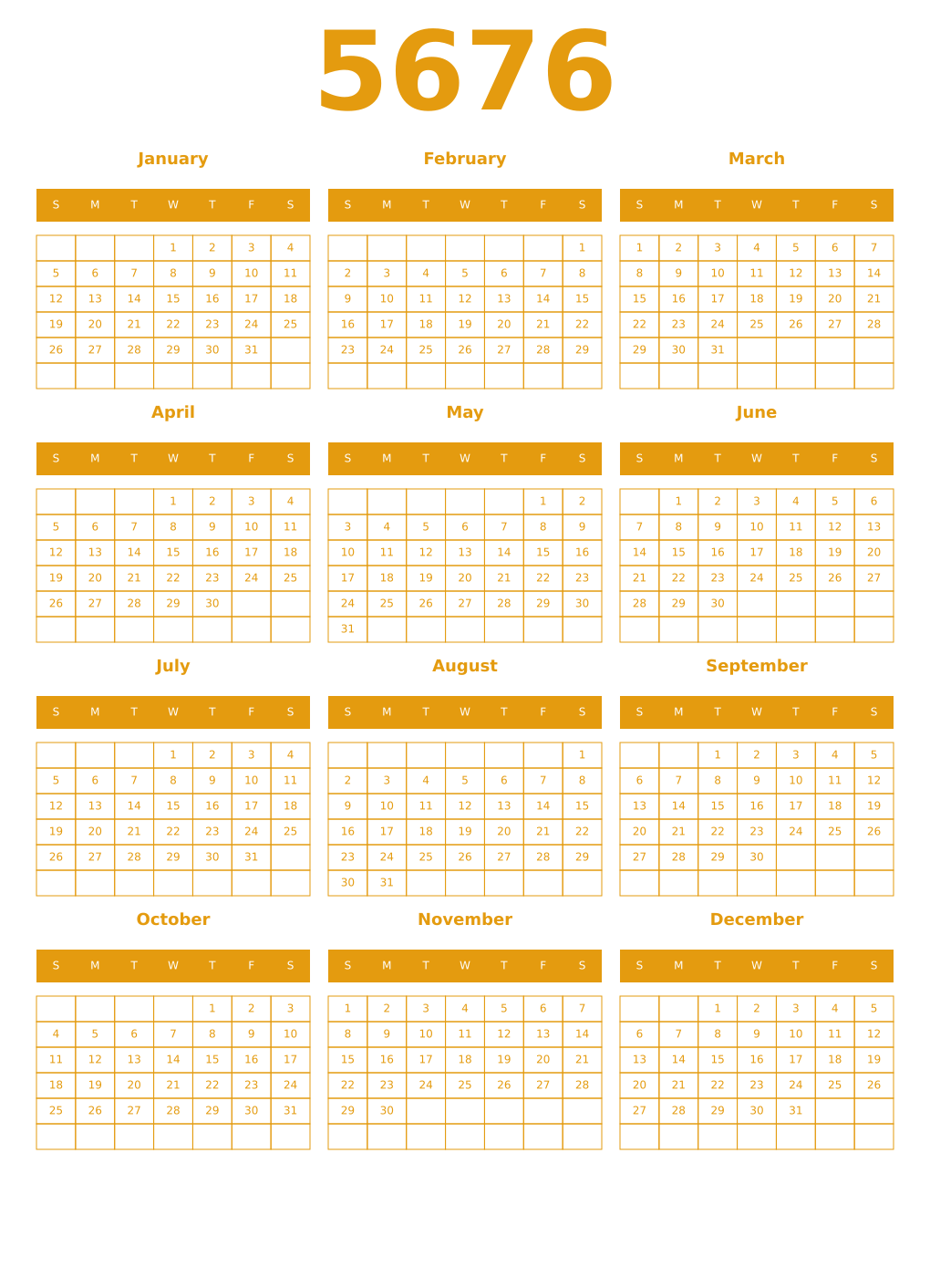 Printable 5676 Year Calendars gamboge