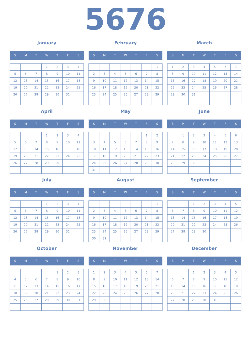 Printable 5676 Year Calendars glaucous