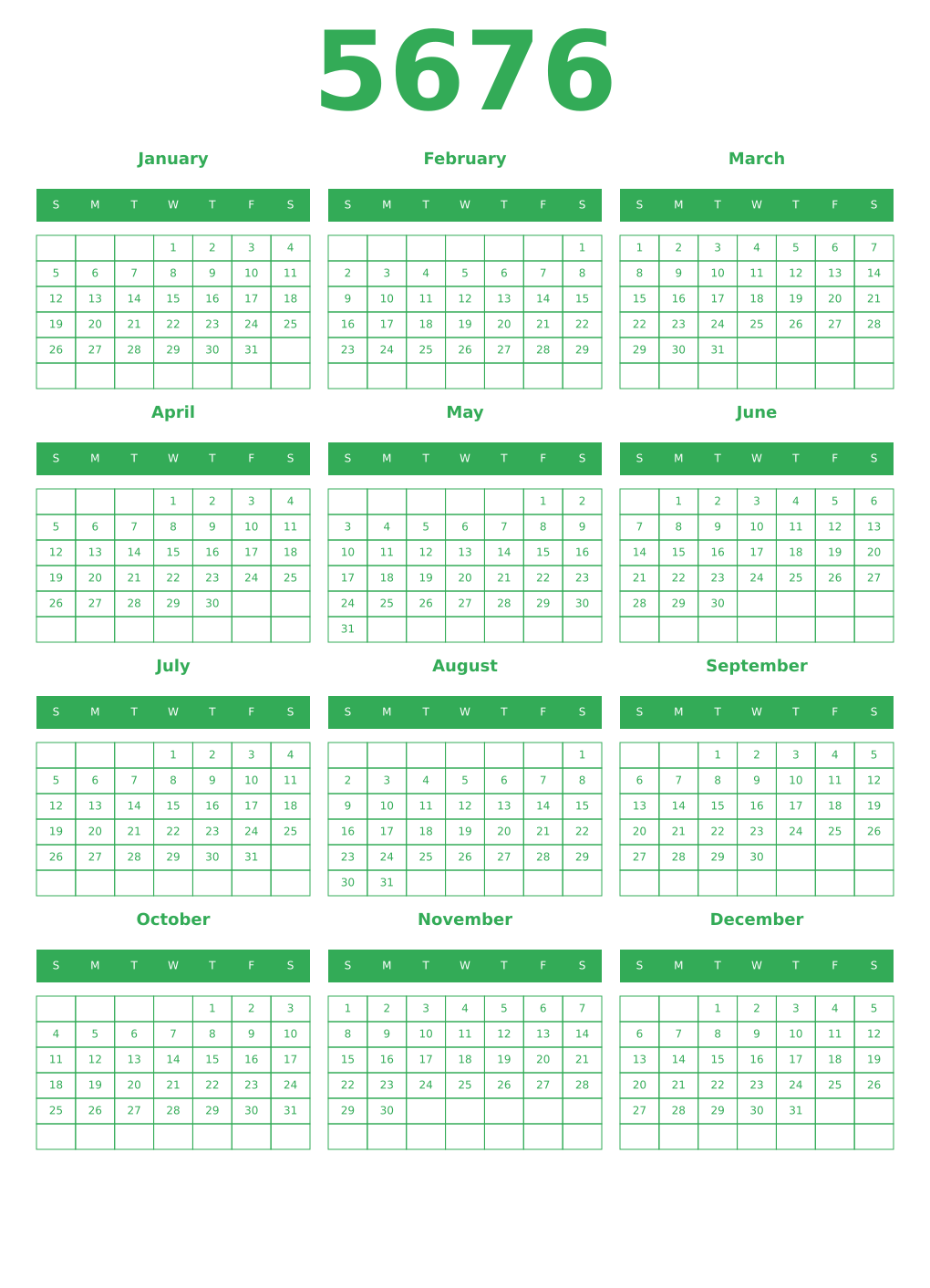 Printable 5676 Year Calendars green