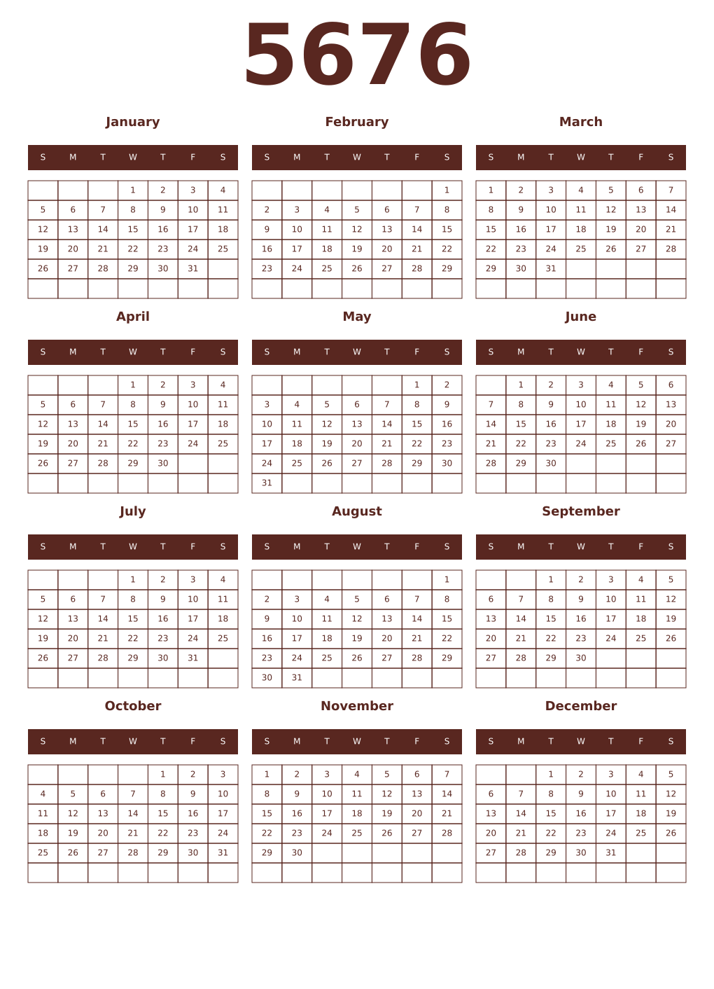 Printable 5676 Year Calendars mortuum