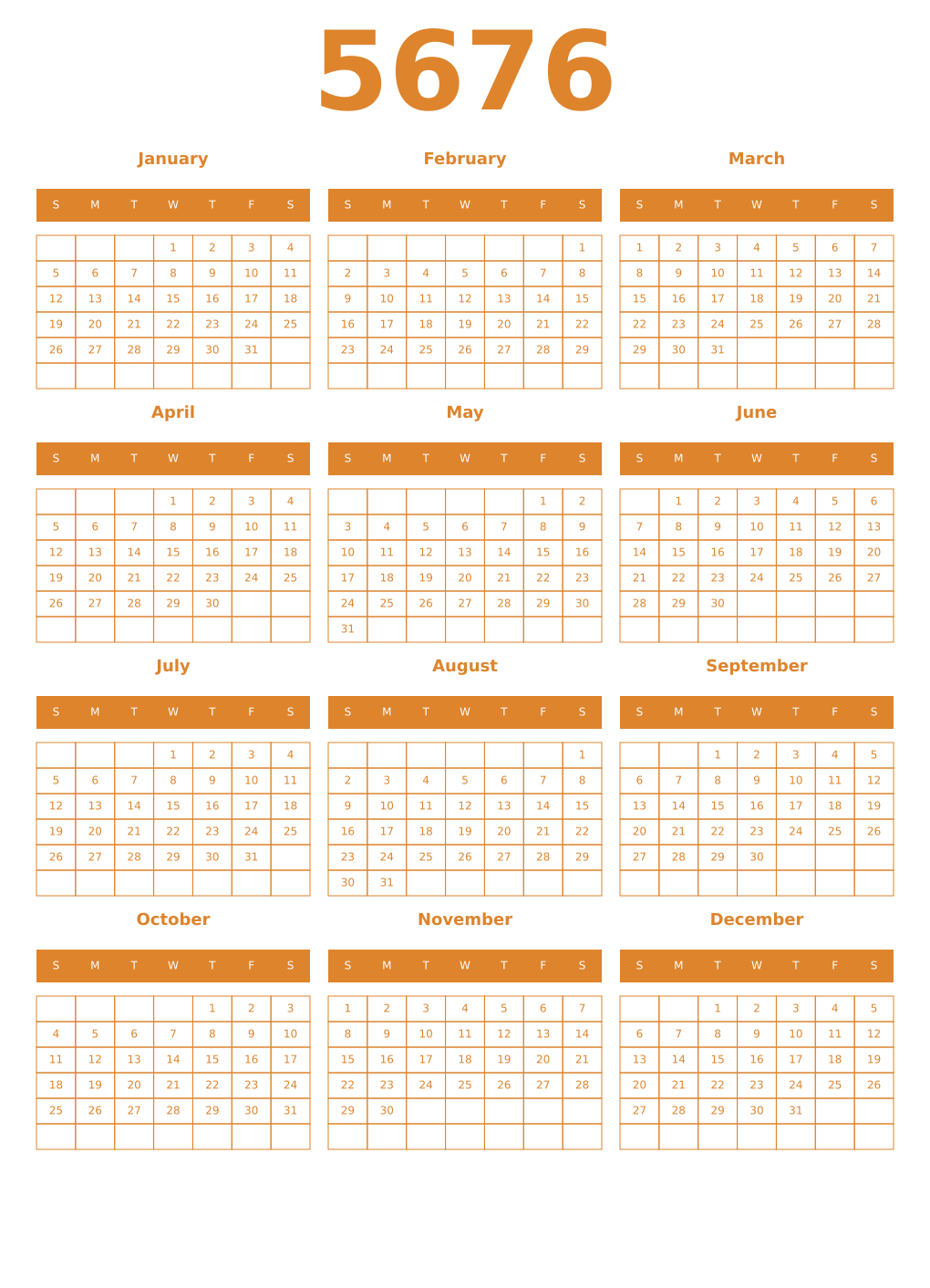 Printable 5676 Year Calendars orange