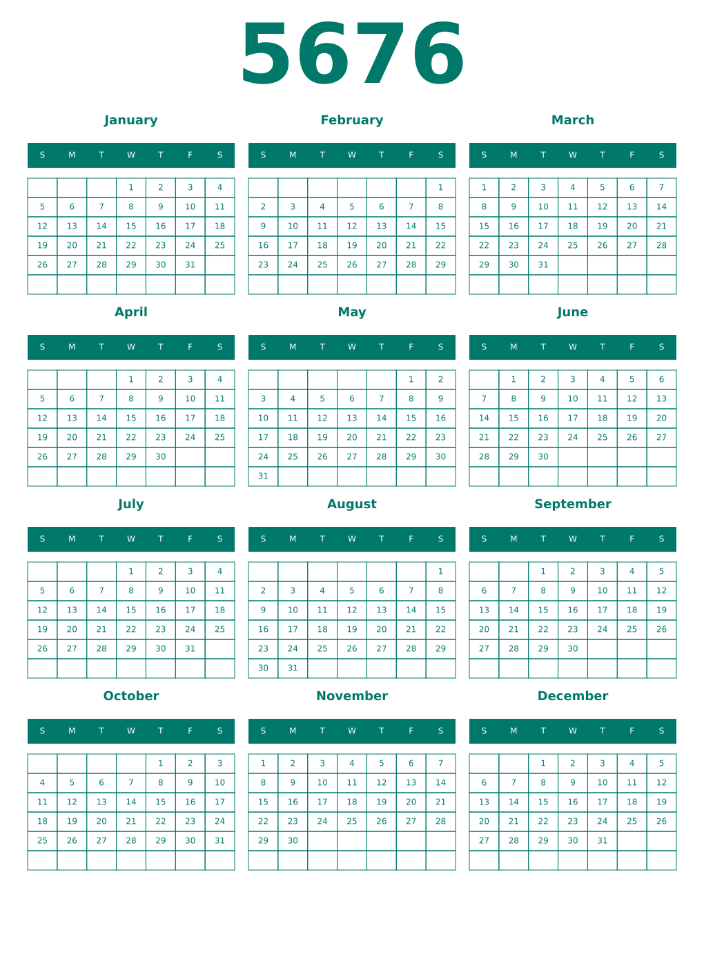 Printable 5676 Year Calendars pastel