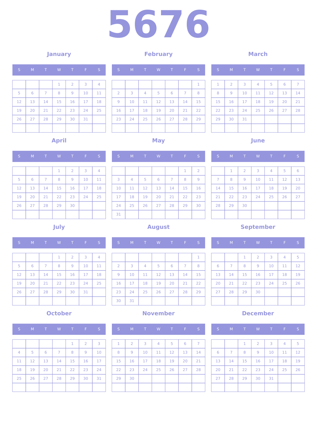 Printable 5676 Year Calendars periwinkle