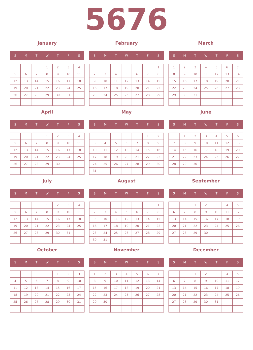 Printable 5676 Year Calendars puce