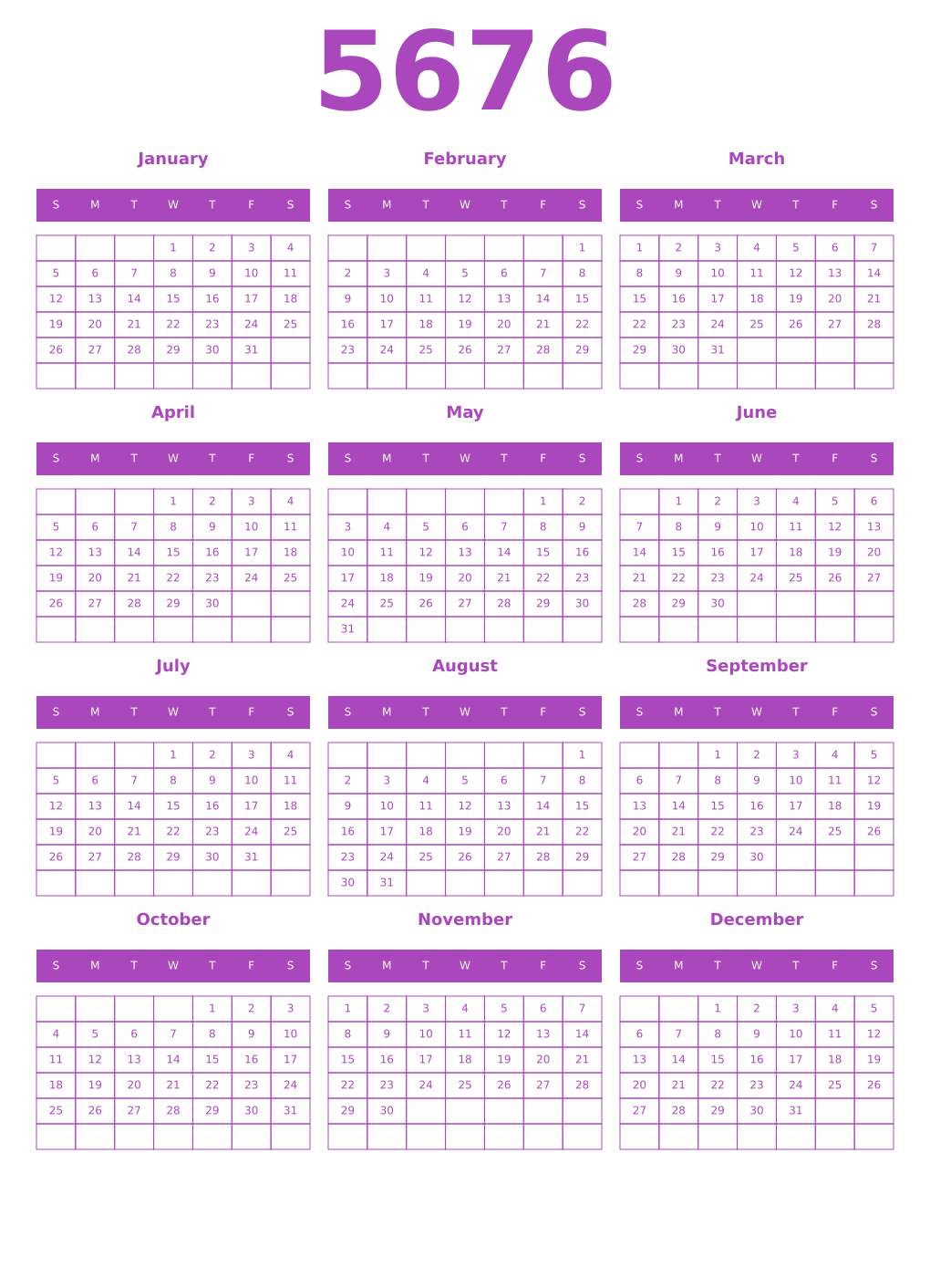 Printable 5676 Year Calendars purple