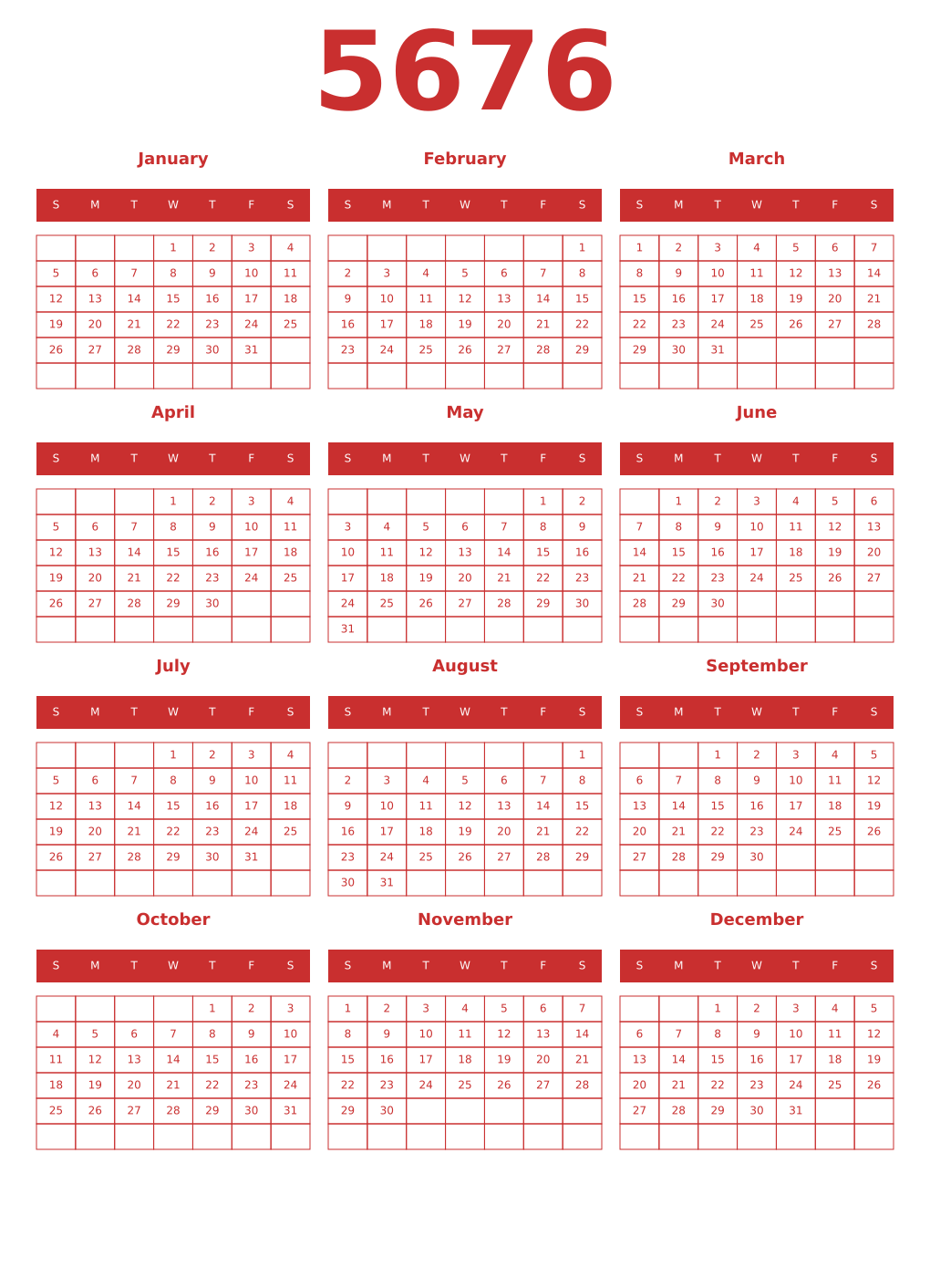 Printable 5676 Year Calendars red
