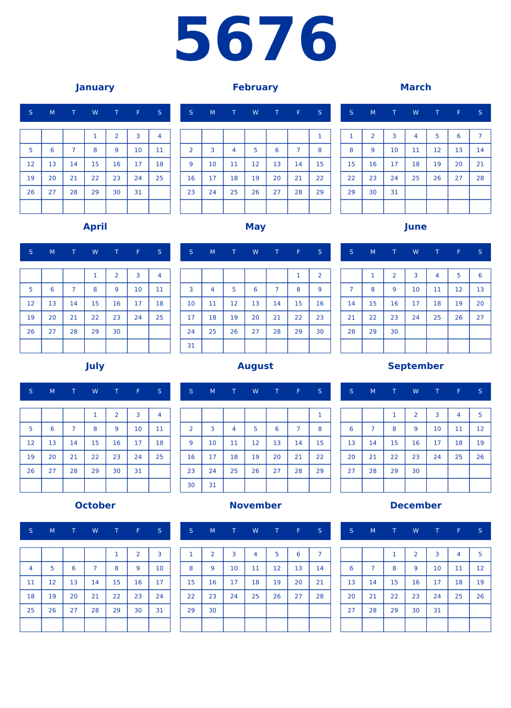 Printable 5676 Year Calendars smalt