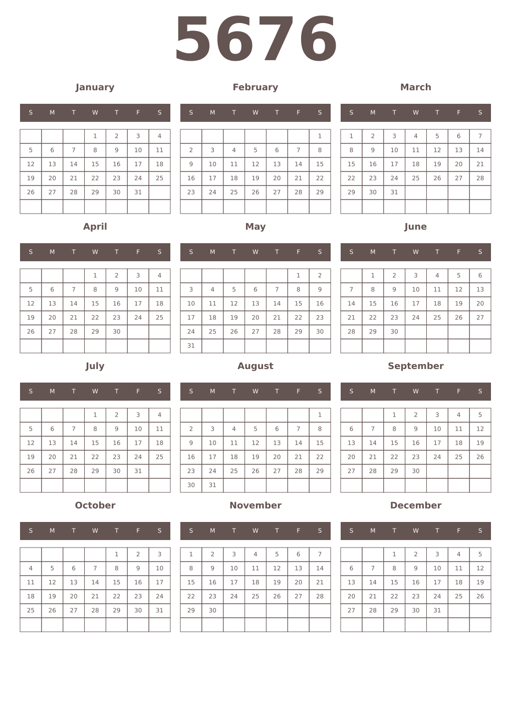 Printable 5676 Year Calendars wenge