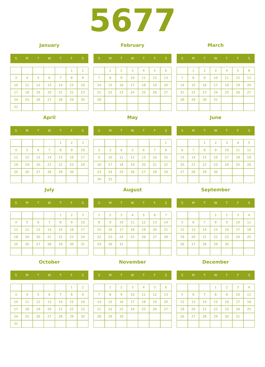 Printable 5677 Year Calendars chartreuse