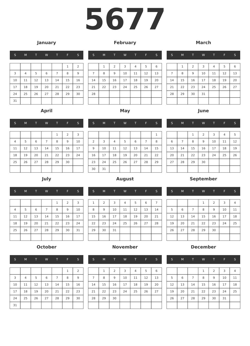 Printable 5677 Year Calendars dark