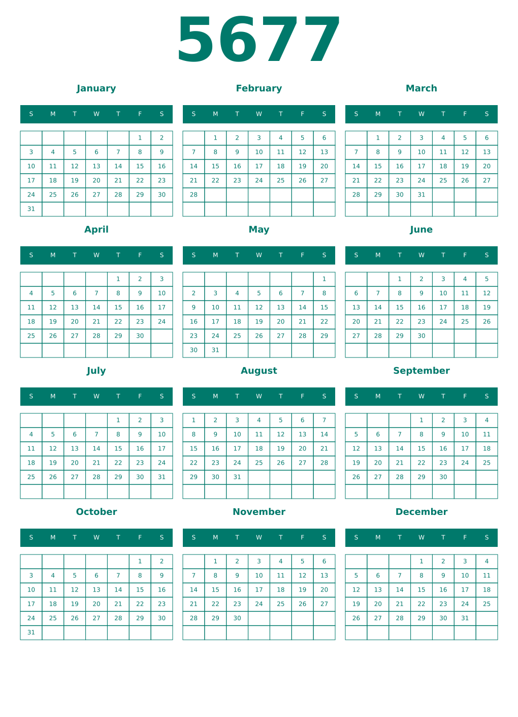 Printable 5677 Year Calendars pastel