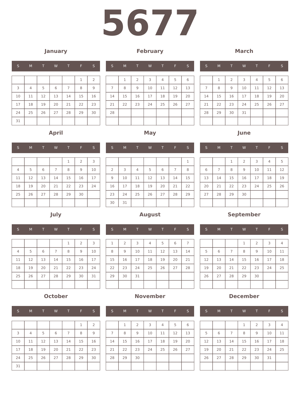 Printable 5677 Year Calendars wenge