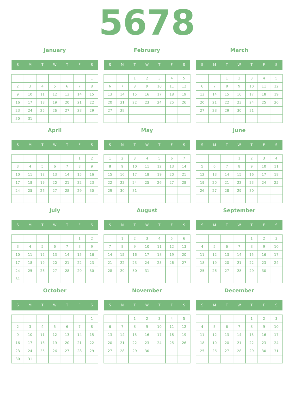 Printable 5678 Year Calendars celadon