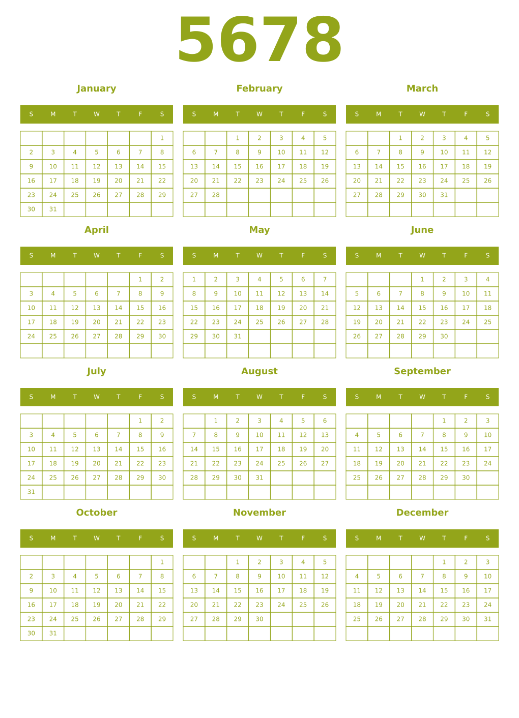 Printable 5678 Year Calendars chartreuse