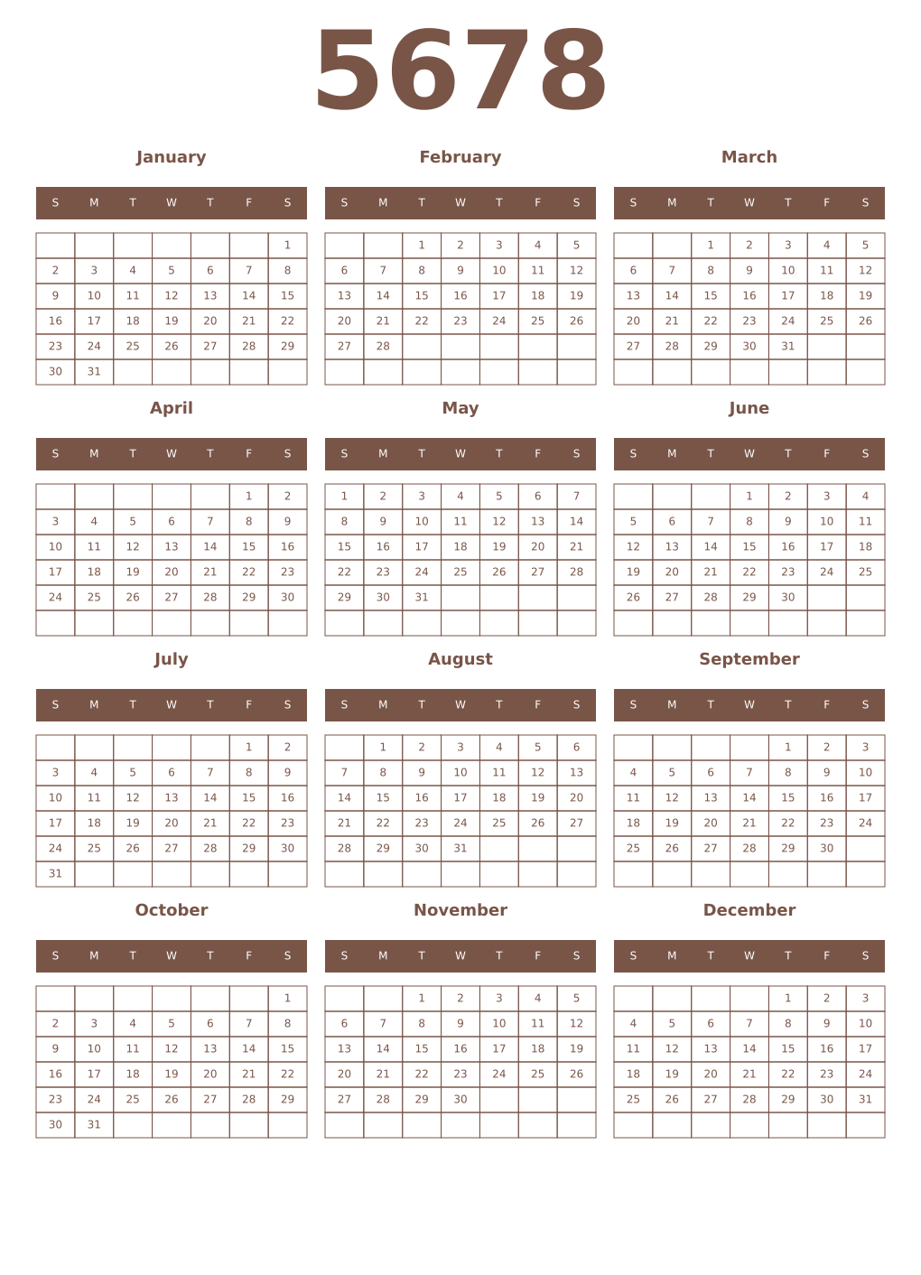 Printable 5678 Year Calendars coffe