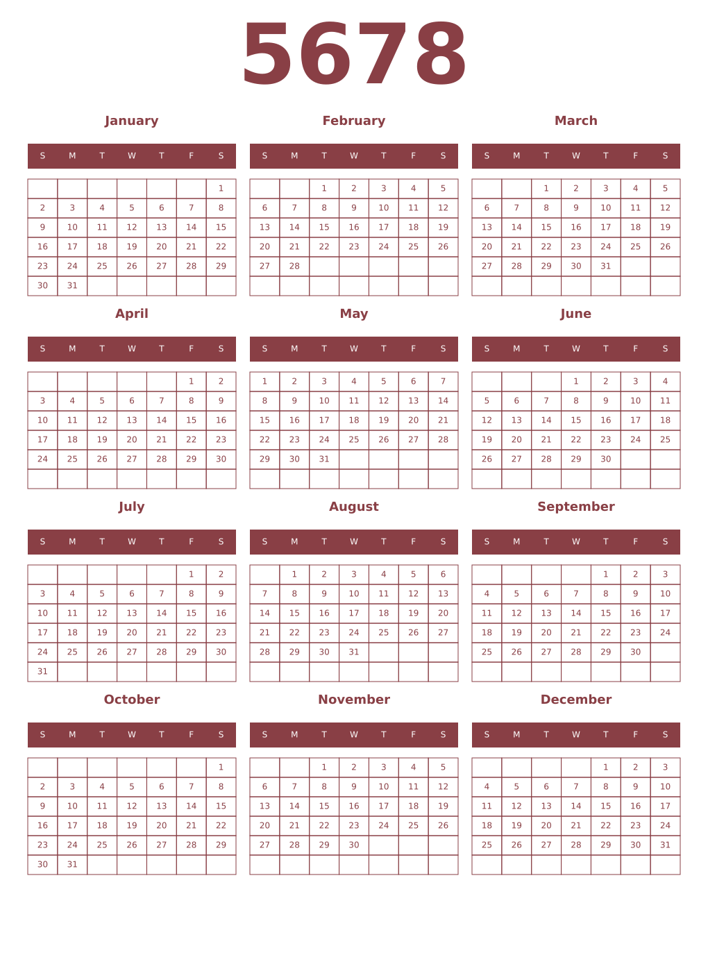 Printable 5678 Year Calendars cordovan