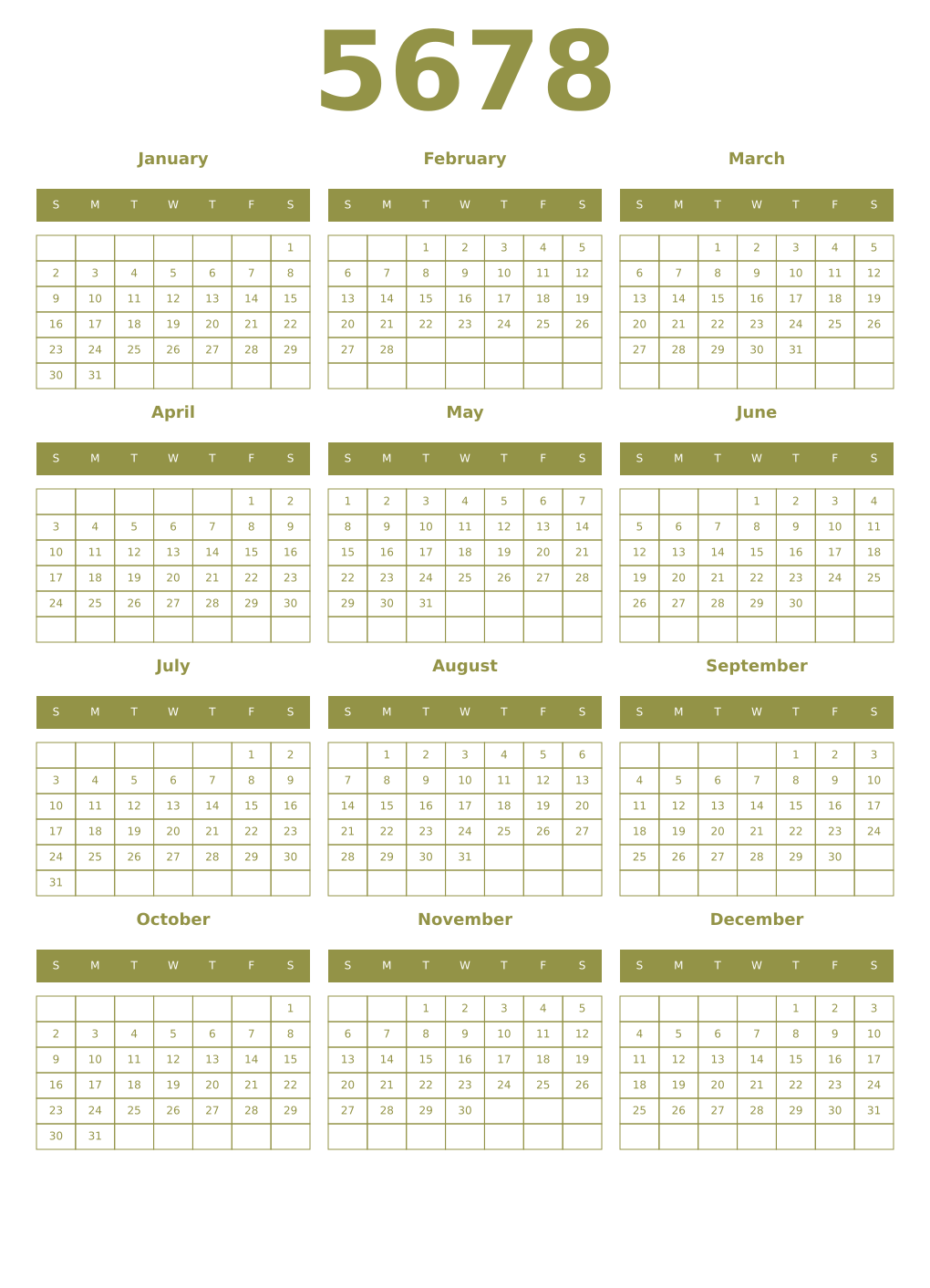 Printable 5678 Year Calendars eburnean