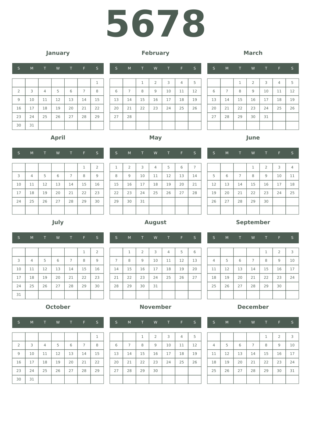 Printable 5678 Year Calendars feldgrau