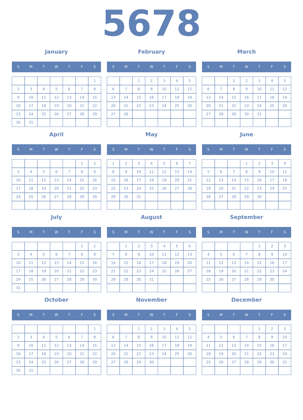 Printable 5678 Year Calendars glaucous