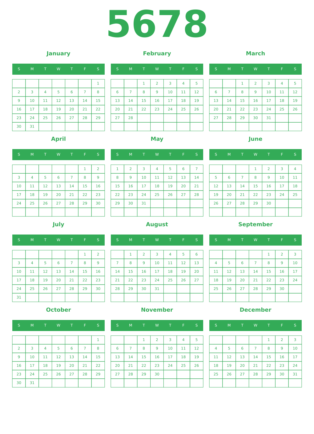 Printable 5678 Year Calendars green
