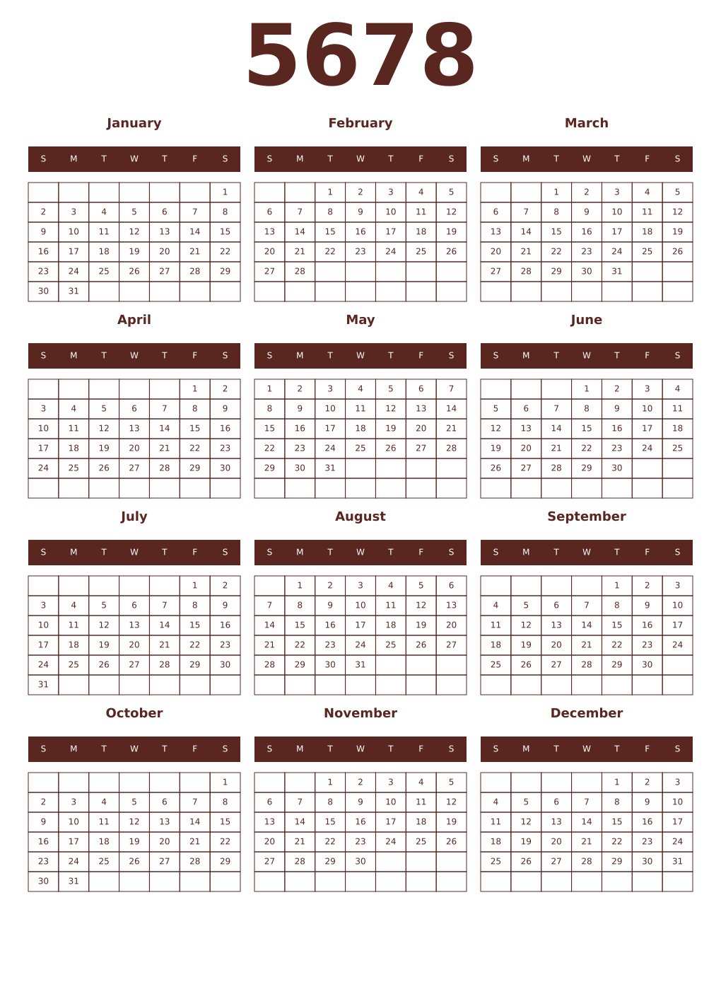 Printable 5678 Year Calendars mortuum