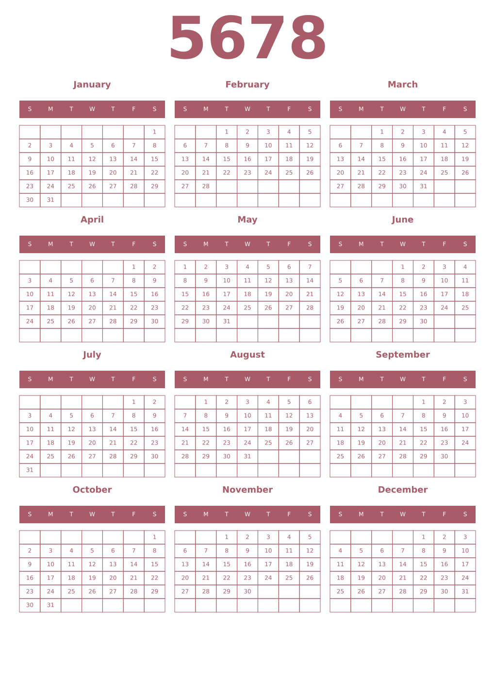 Printable 5678 Year Calendars puce