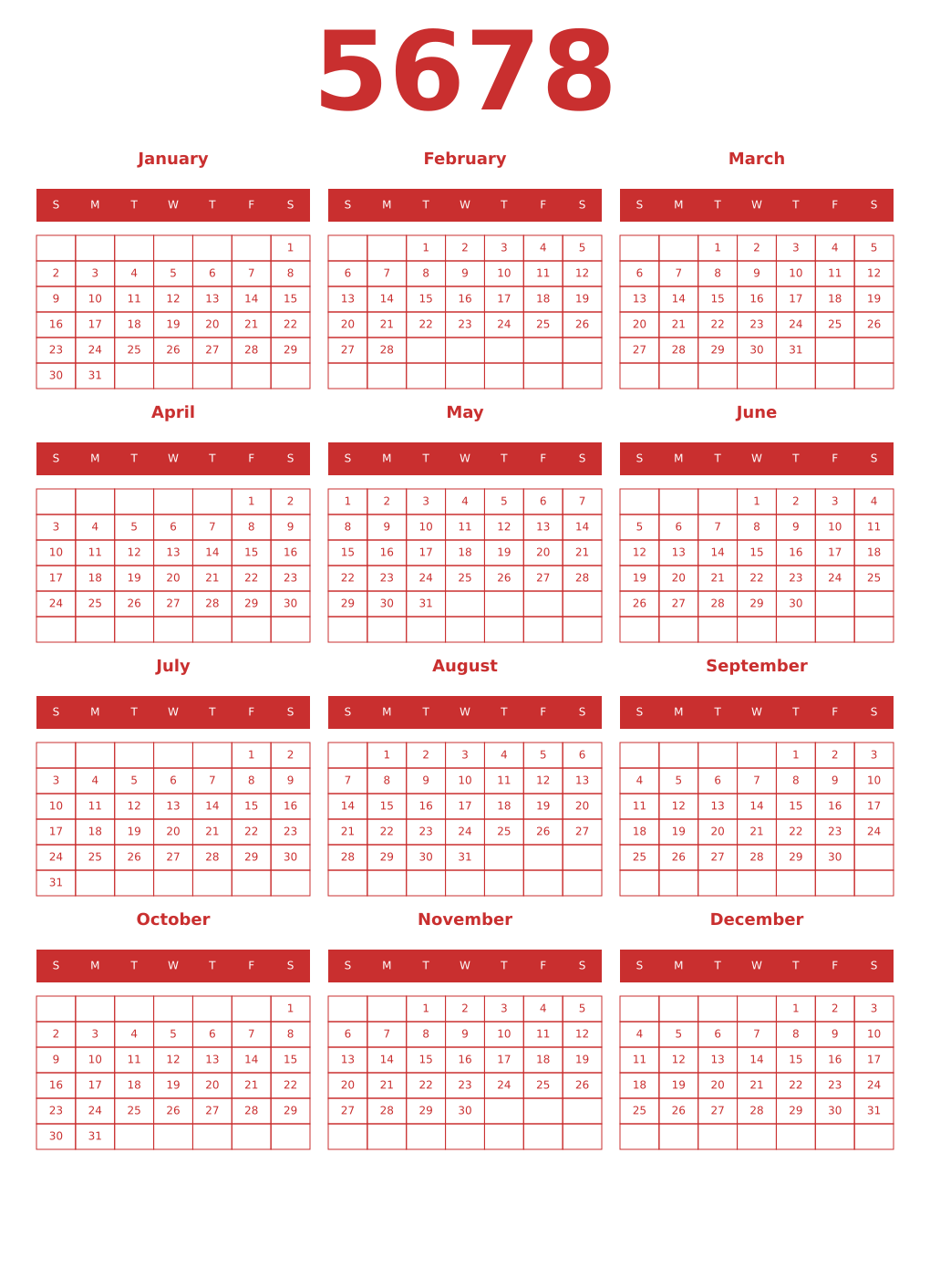 Printable 5678 Year Calendars red