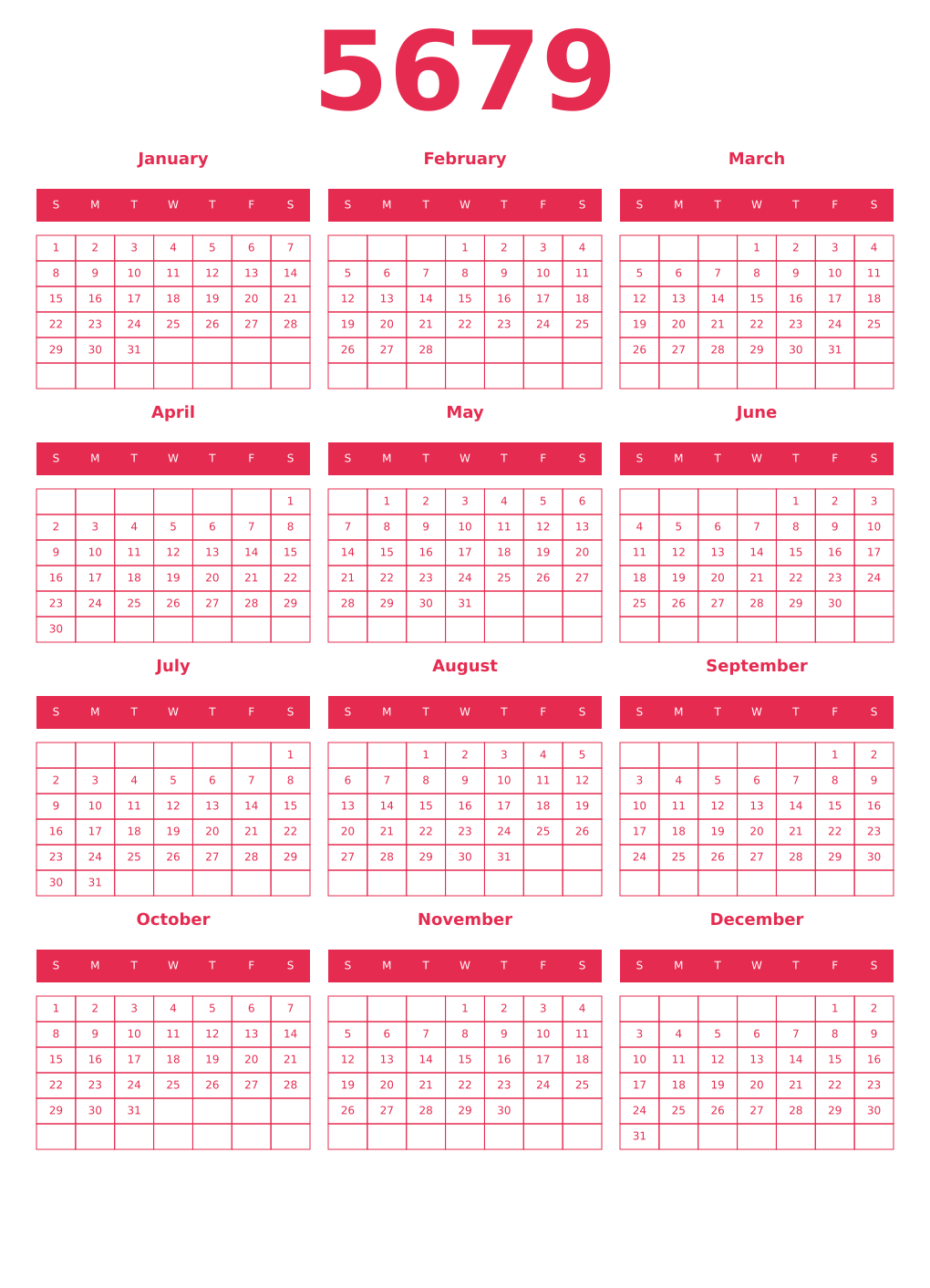 Printable 5679 Year Calendars amaranth