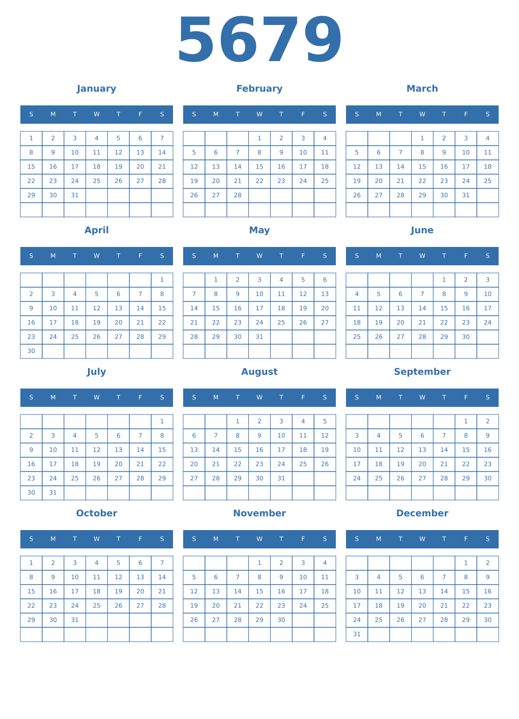 Printable 5679 Year Calendars blue