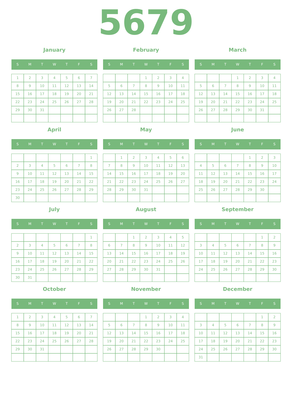 Printable 5679 Year Calendars celadon