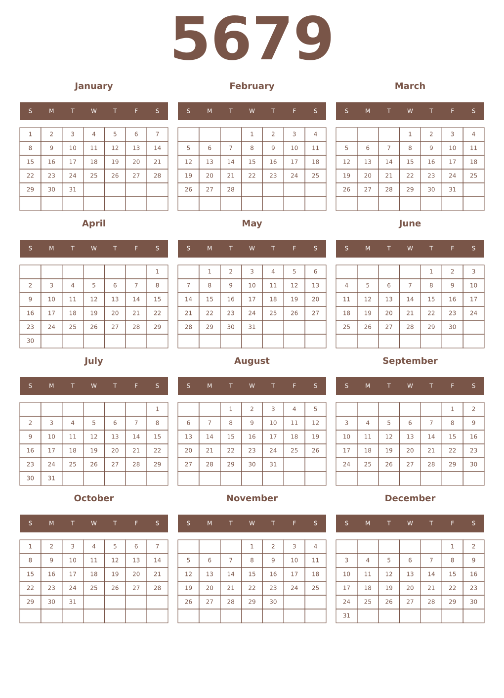 Printable 5679 Year Calendars coffe