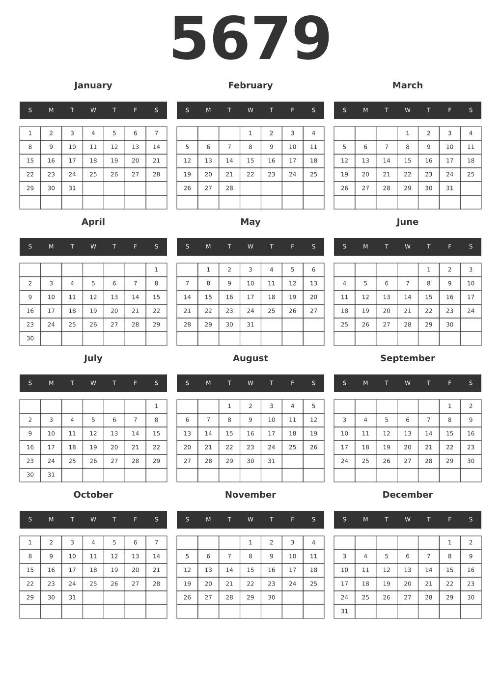 Printable 5679 Year Calendars dark