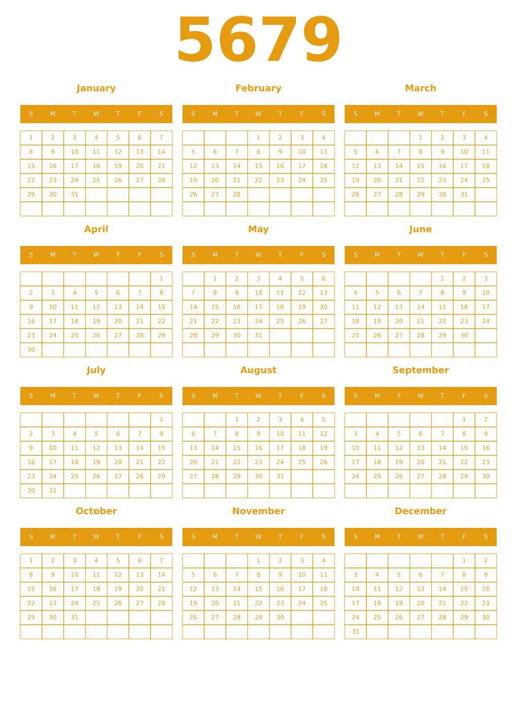 Printable 5679 Year Calendars gamboge