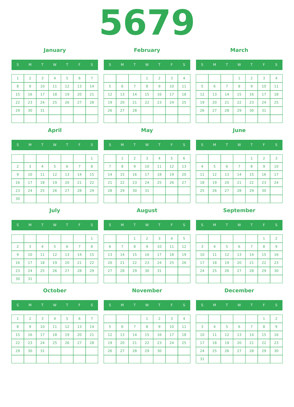 Printable 5679 Year Calendars green