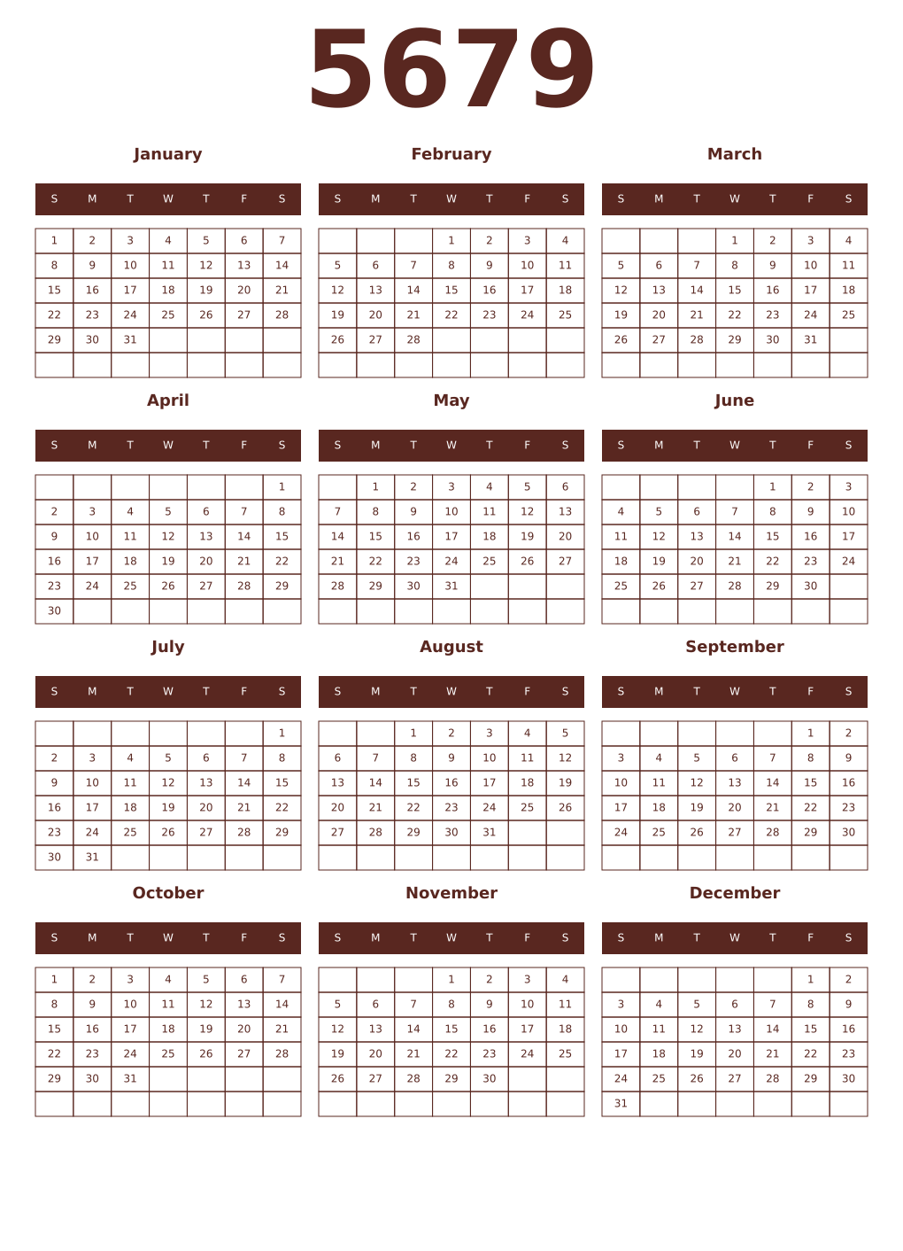 Printable 5679 Year Calendars mortuum