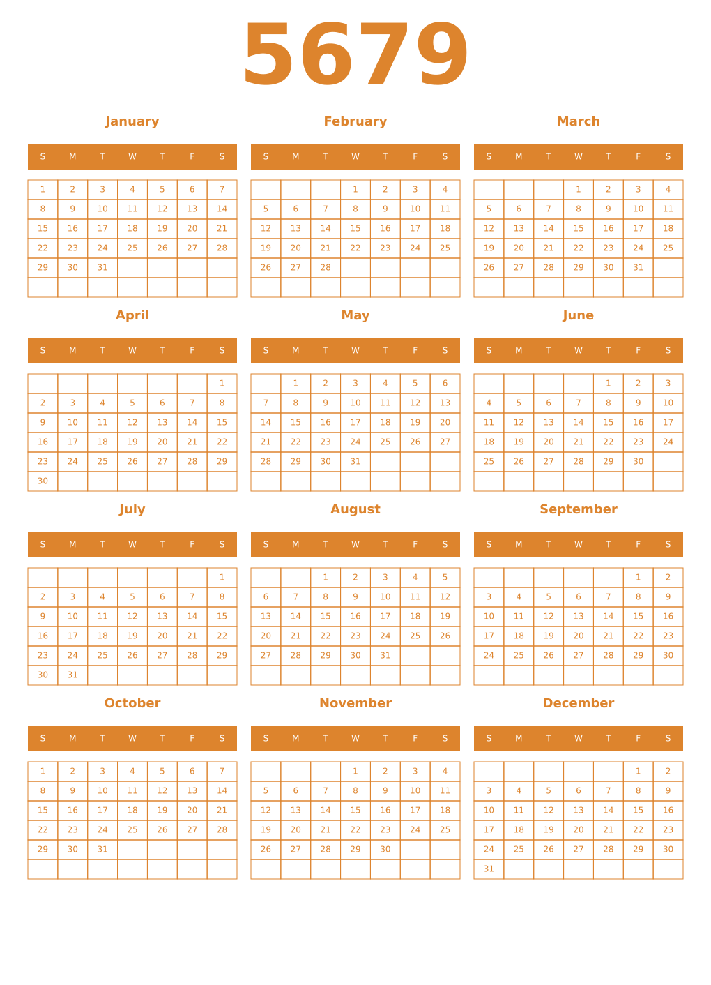 Printable 5679 Year Calendars orange
