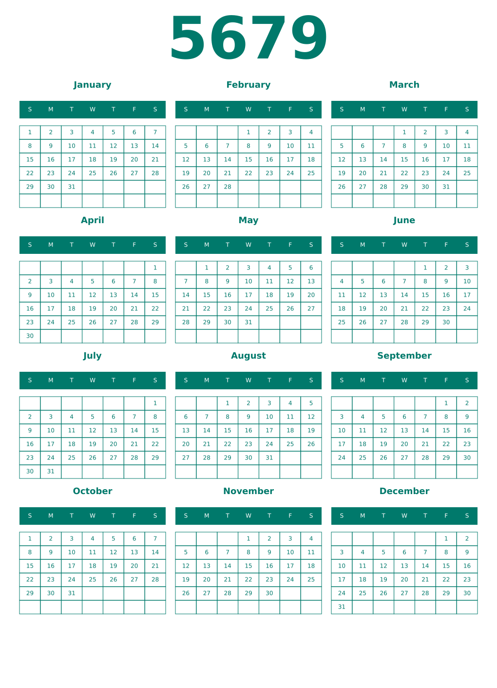 Printable 5679 Year Calendars pastel
