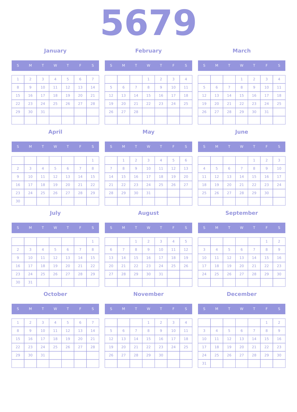 Printable 5679 Year Calendars periwinkle