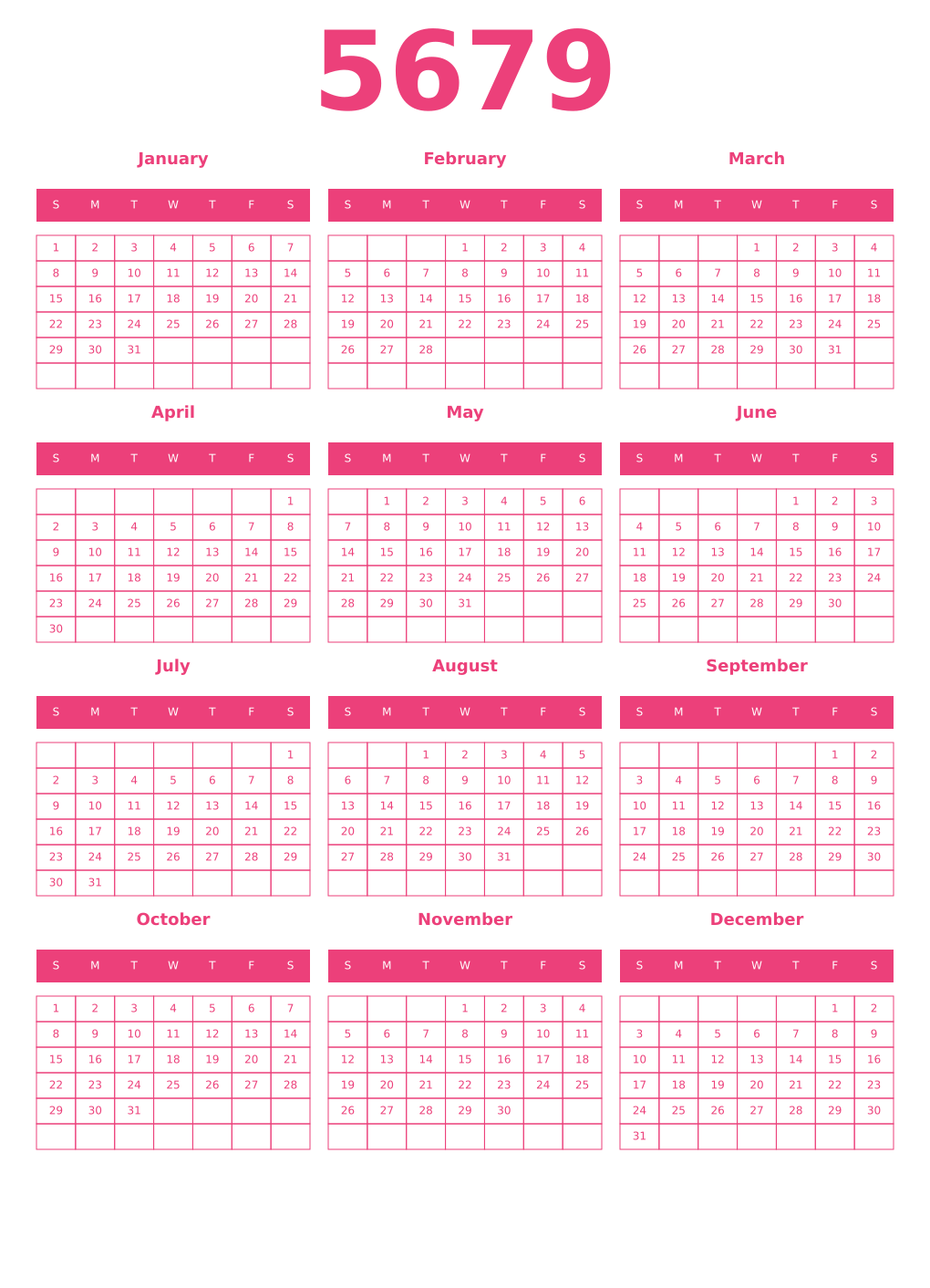 Printable 5679 Year Calendars pink