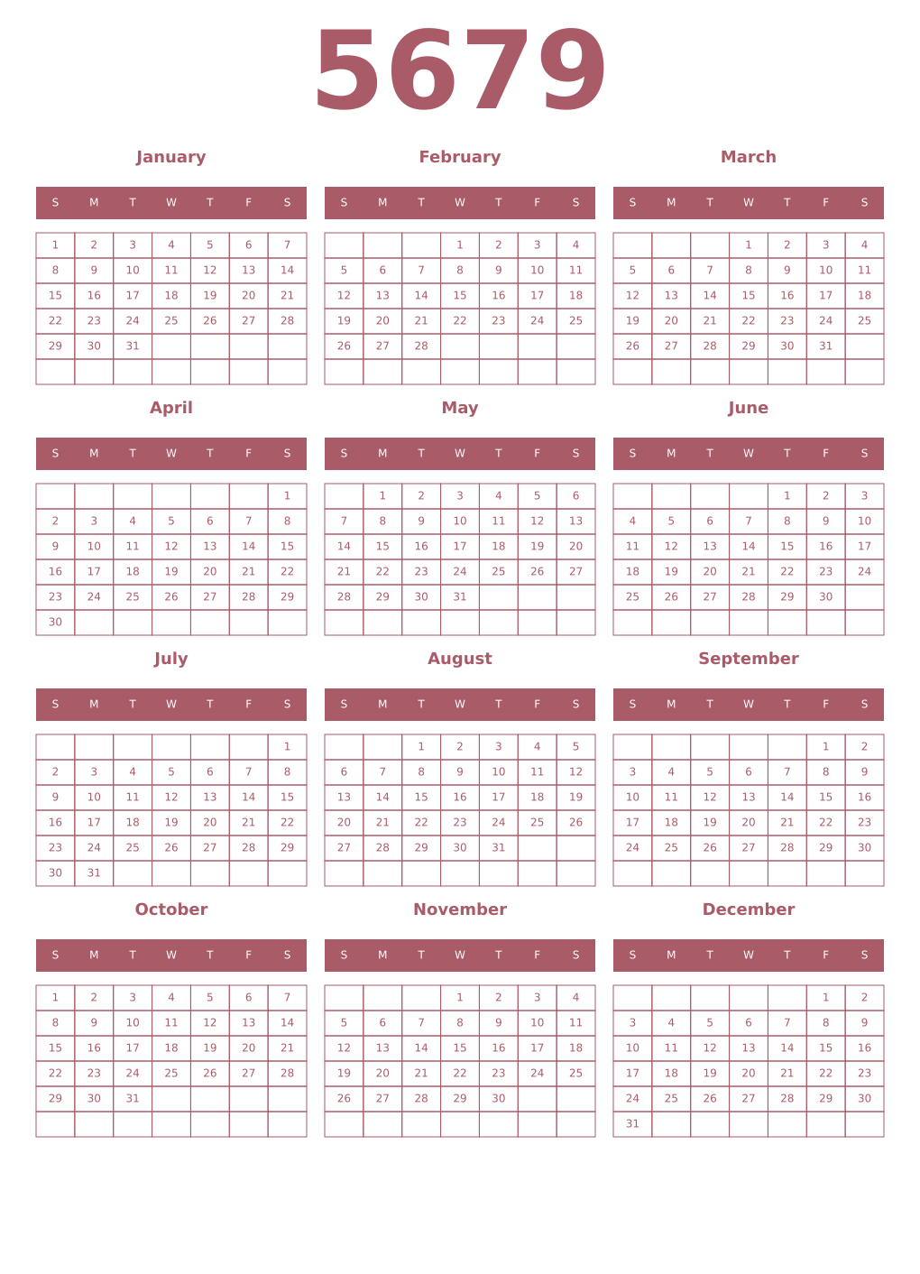 Printable 5679 Year Calendars puce