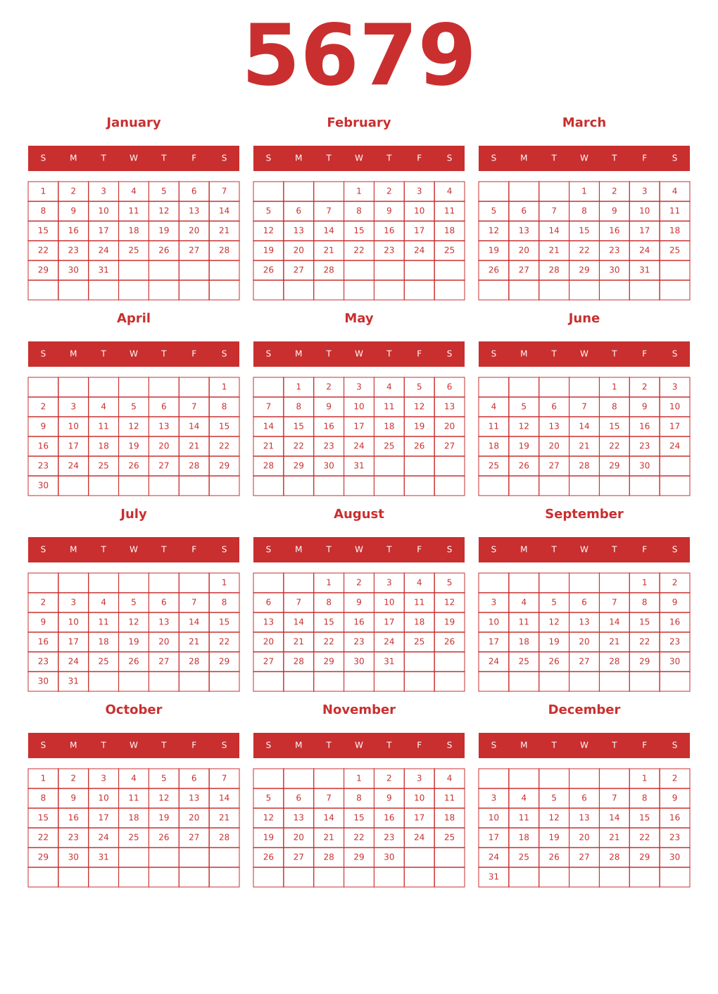 Printable 5679 Year Calendars red