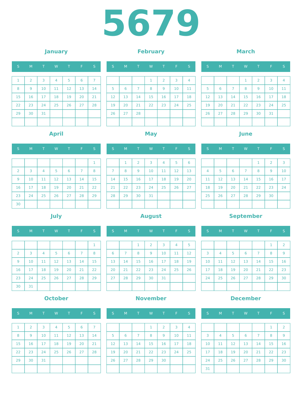 Printable 5679 Year Calendars verdigris