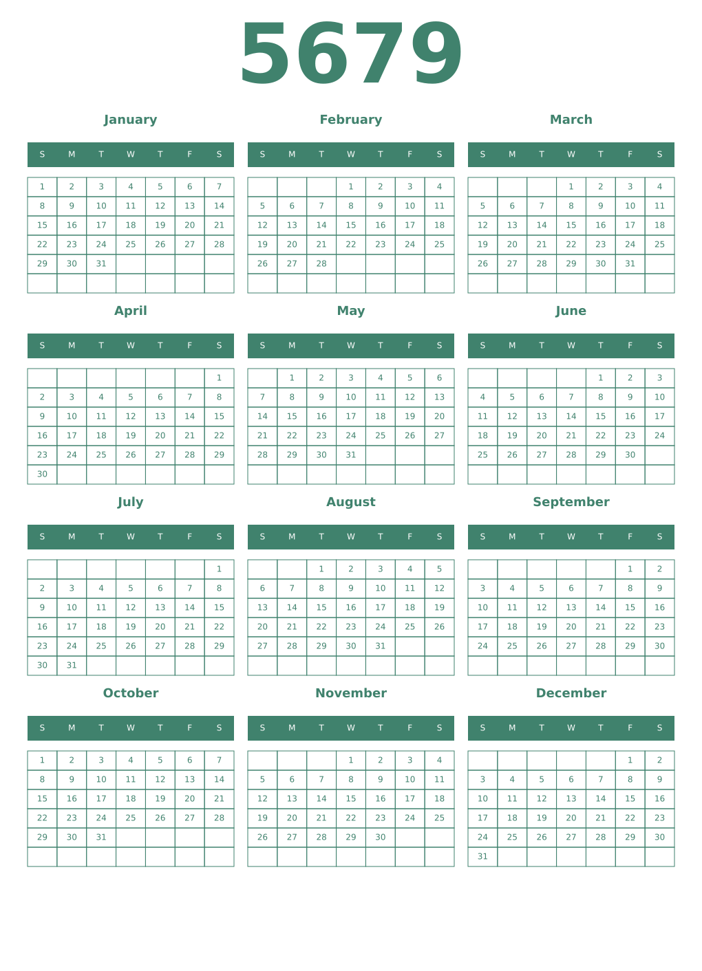 Printable 5679 Year Calendars viridian
