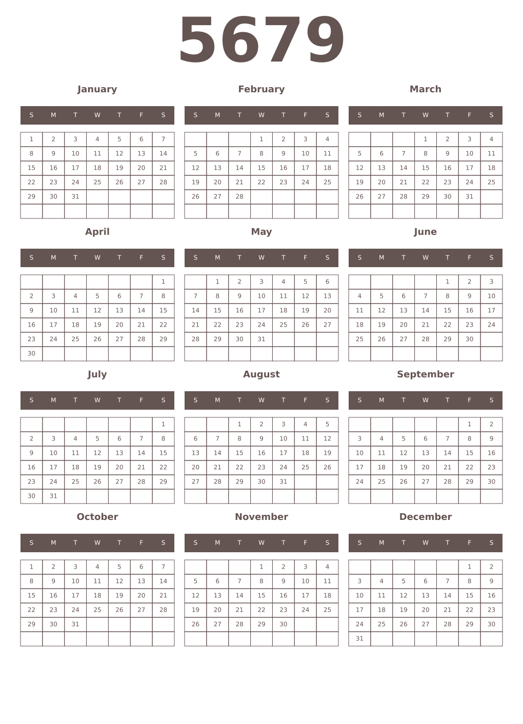 Printable 5679 Year Calendars wenge