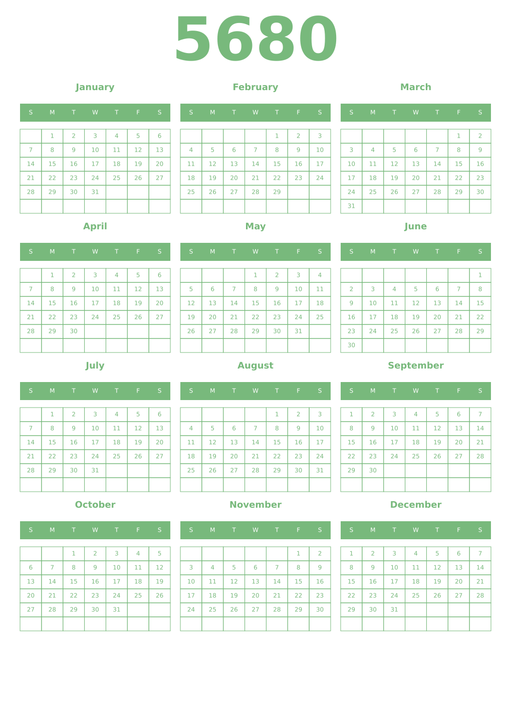 Printable 5680 Year Calendars celadon