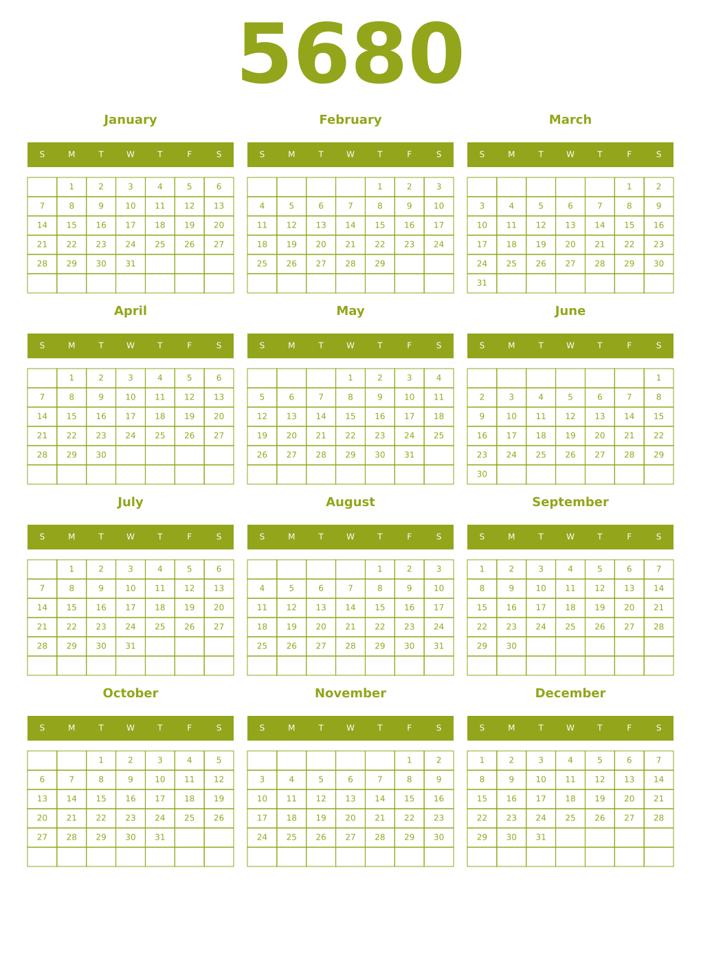 Printable 5680 Year Calendars chartreuse